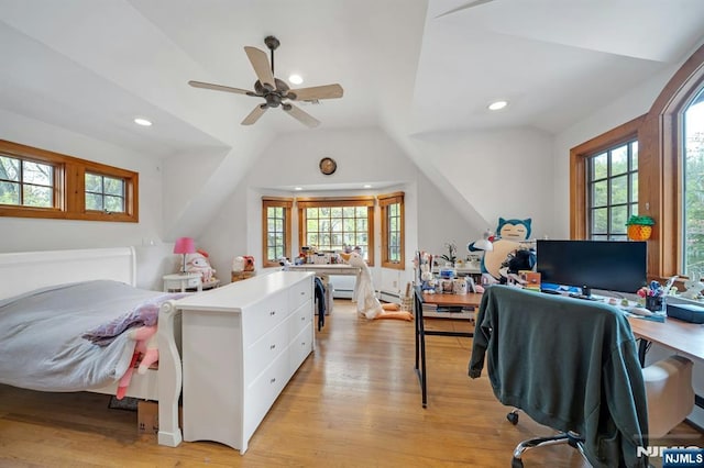 bedroom with recessed lighting, vaulted ceiling, and light wood-style floors
