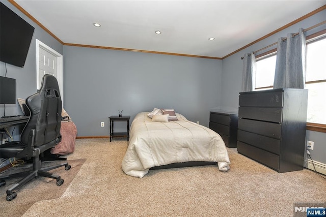 carpeted bedroom with recessed lighting, baseboards, and ornamental molding