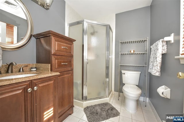 full bath featuring vanity, tile patterned flooring, a shower stall, and visible vents