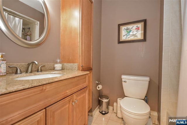 full bath with vanity, tile patterned flooring, a shower with curtain, and toilet