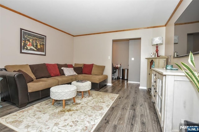 living area with dark wood-style flooring, baseboards, and ornamental molding