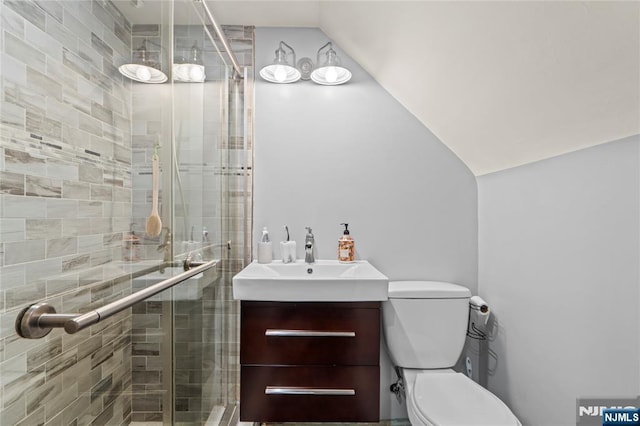 bathroom featuring vaulted ceiling, a stall shower, toilet, and vanity