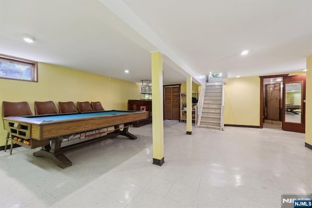 playroom with billiards, recessed lighting, and baseboards