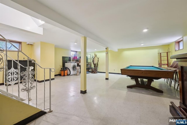 playroom with baseboards, billiards, and washer and clothes dryer