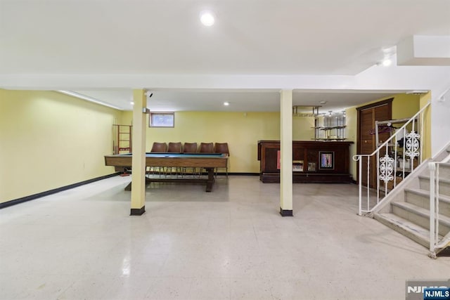 game room with baseboards, recessed lighting, and pool table