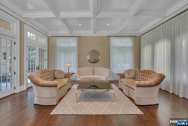 21 Birchwood, Old Tappan, NJ 07675 - living room featuring beam ceiling, dark wood-style flooring, coffered ceiling, ornamental molding, and baseboards