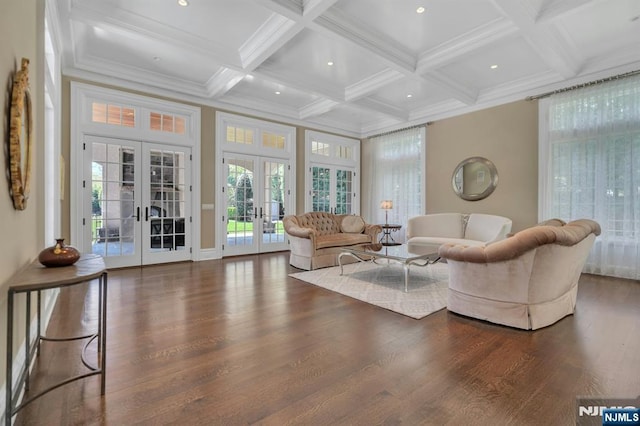 21 Birchwood, Old Tappan, NJ 07675 - living room with french doors, wood finished floors, beamed ceiling, coffered ceiling, and crown molding