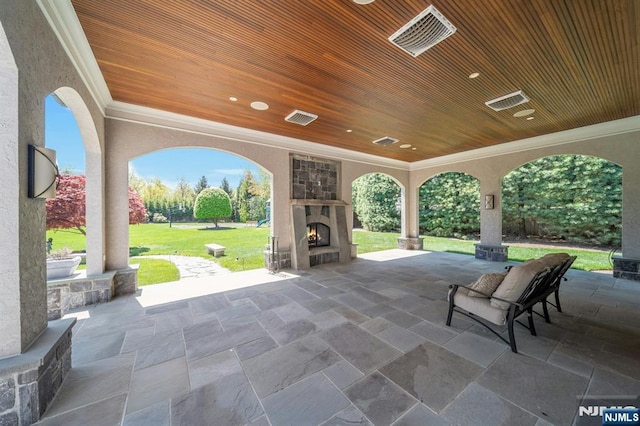 21 Birchwood, Old Tappan, NJ 07675 - view of patio with an outdoor stone fireplace