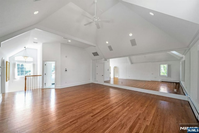 21 Birchwood, Old Tappan, NJ 07675 - unfurnished living room with a ceiling fan, wood finished floors, high vaulted ceiling, a baseboard radiator, and recessed lighting