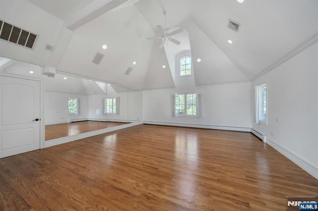 21 Birchwood, Old Tappan, NJ 07675 - bonus room featuring high vaulted ceiling, a ceiling fan, wood finished floors, a baseboard heating unit, and baseboards