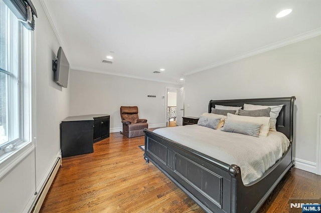 21 Birchwood, Old Tappan, NJ 07675 - bedroom with a baseboard radiator, crown molding, recessed lighting, wood finished floors, and baseboards
