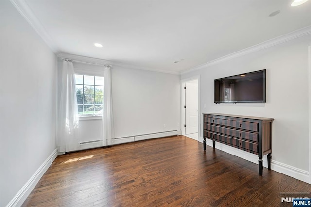 21 Birchwood, Old Tappan, NJ 07675 - living room featuring a baseboard radiator, ornamental molding, wood finished floors, baseboards, and recessed lighting