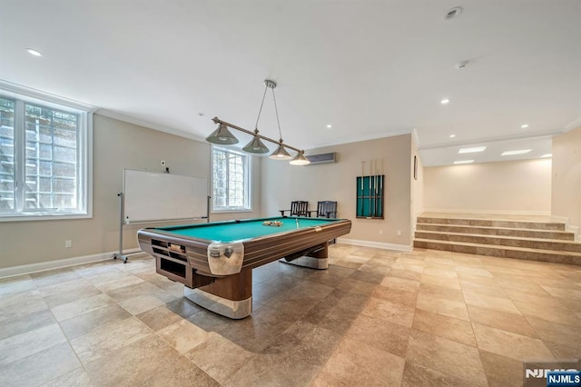 21 Birchwood, Old Tappan, NJ 07675 - rec room featuring crown molding, baseboards, billiards, and recessed lighting