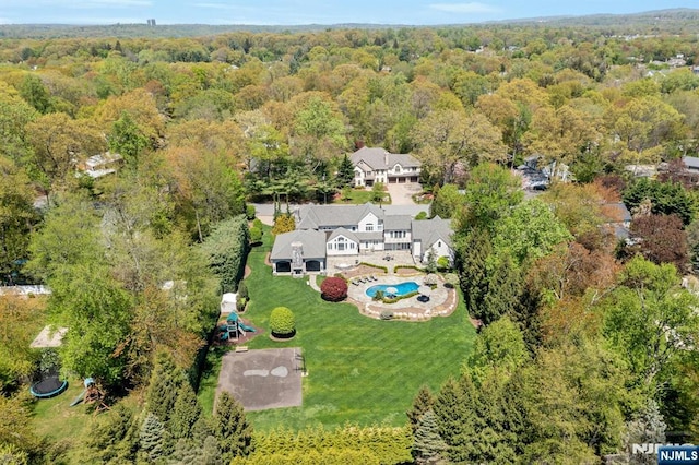 21 Birchwood, Old Tappan, NJ 07675 - aerial view of property and surrounding area featuring a heavily wooded area and a pool