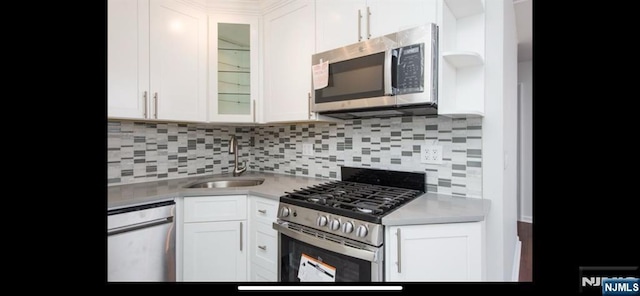 kitchen featuring light countertops, a sink, white cabinetry, and stainless steel appliances