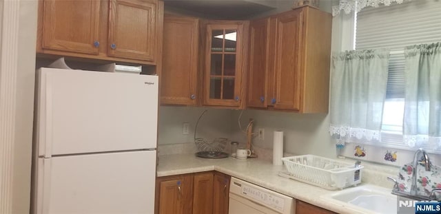 kitchen featuring glass insert cabinets, a sink, light countertops, white appliances, and brown cabinetry