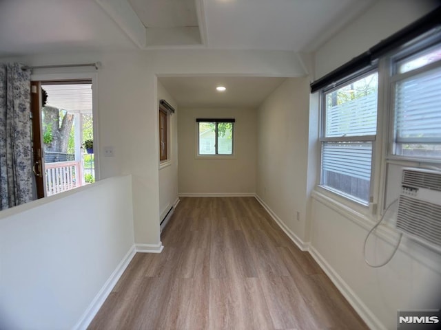 46 Park Dr, Oakland, NJ 07436 - hallway featuring baseboards, a baseboard radiator, recessed lighting, and wood finished floors