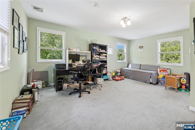 office featuring carpet flooring and visible vents