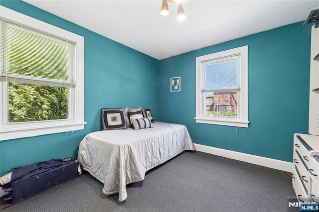 bedroom with carpet floors, baseboards, and multiple windows