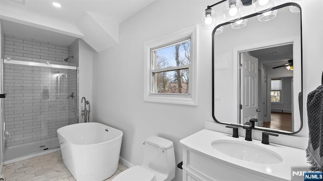 full bathroom with vanity, a wealth of natural light, and a shower stall
