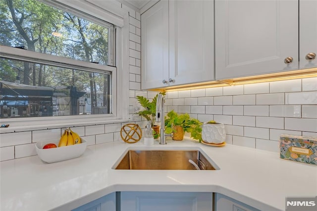 room details featuring light countertops, white cabinets, decorative backsplash, and a sink