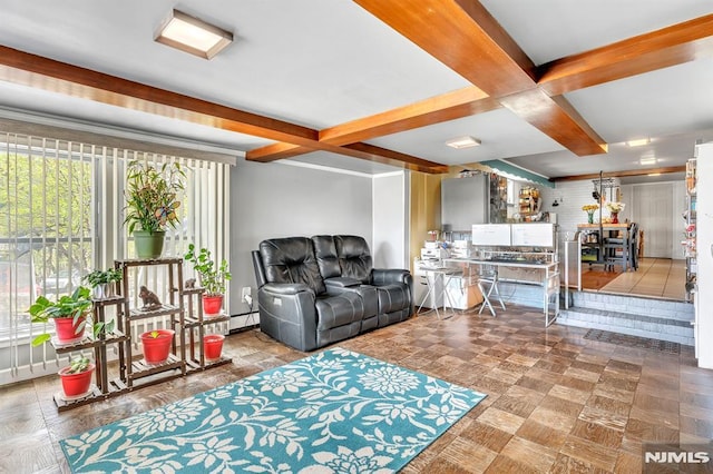 living area with beam ceiling