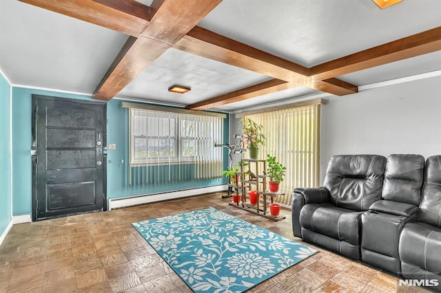 living room with beamed ceiling, baseboards, and a baseboard heating unit