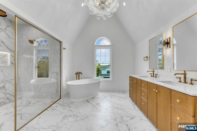 229 Bogert Pl, Paramus, NJ 07652 - bathroom with walk in shower, a sink, marble finish floor, and a freestanding bath