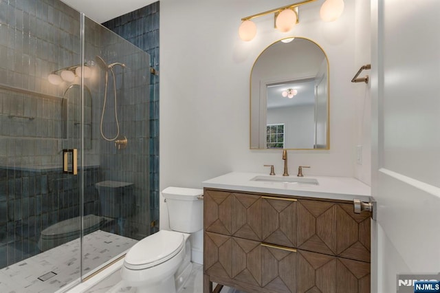 229 Bogert Pl, Paramus, NJ 07652 - bathroom with vanity, a stall shower, and toilet