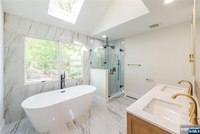full bathroom with a soaking tub, visible vents, a marble finish shower, and a sink