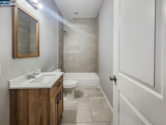 full bath with vanity, baseboards, toilet, and shower / washtub combination