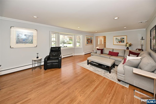 living room featuring crown molding, a baseboard heating unit, light wood-type flooring, and a baseboard radiator