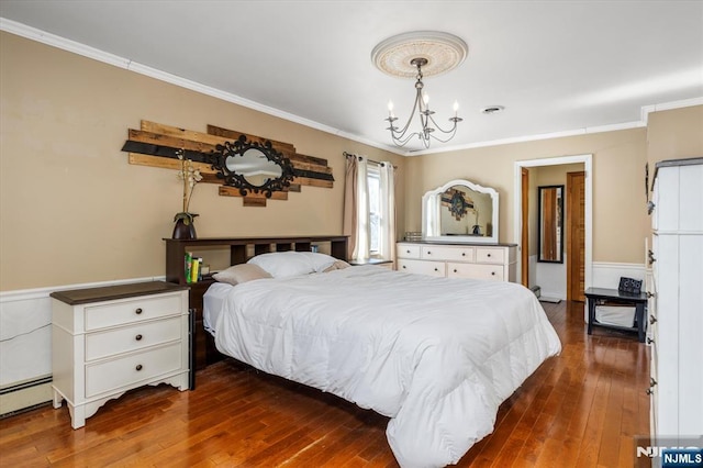 444 Washington St, Carlstadt, NJ 07072 - bedroom with baseboard heating, a chandelier, ornamental molding, and dark wood-type flooring