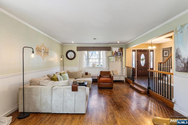 444 Washington St, Carlstadt, NJ 07072 - living room with wood finished floors, crown molding, and stairs