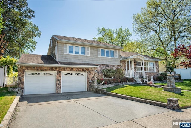 split level home with a front lawn, fence, stone siding, and concrete driveway