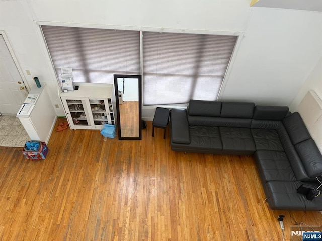 living area with baseboards and wood finished floors