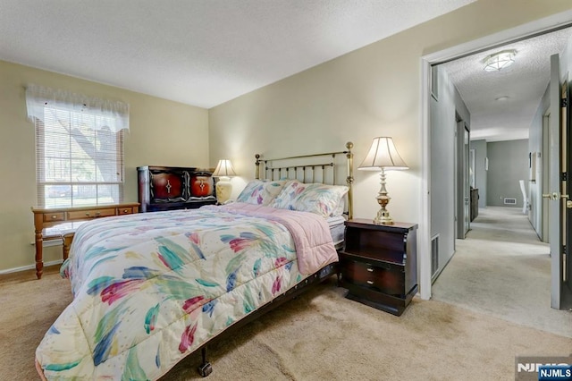 bedroom featuring carpet floors, a textured ceiling, and baseboards