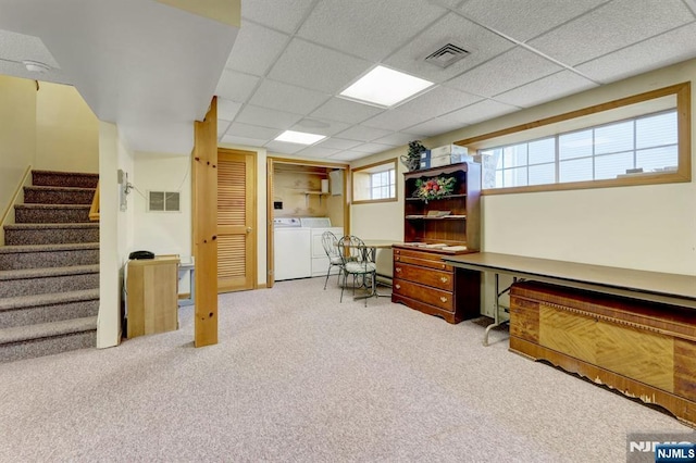 carpeted home office featuring a paneled ceiling, independent washer and dryer, and visible vents
