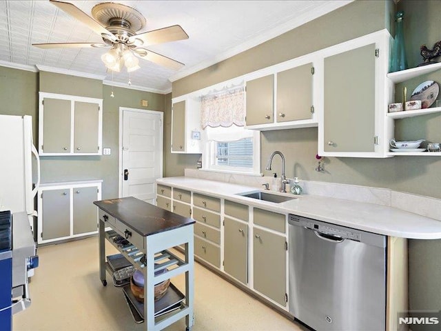 kitchen featuring ceiling fan, crown molding, dishwasher, a sink, and light countertops