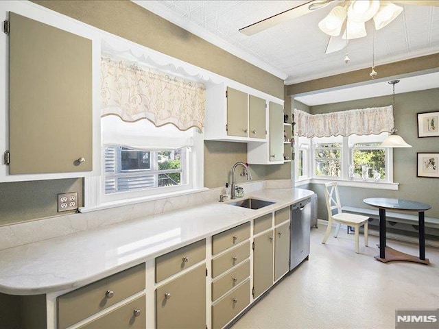 kitchen with a sink, plenty of natural light, a ceiling fan, and dishwasher