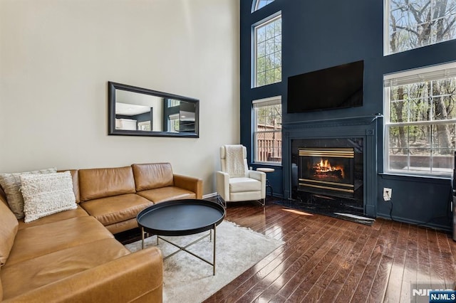 living area with wood-type flooring, plenty of natural light, and a glass covered fireplace