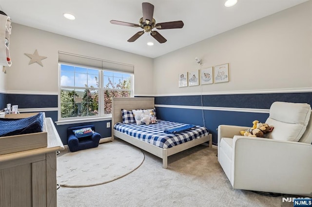bedroom with carpet floors, a ceiling fan, and recessed lighting