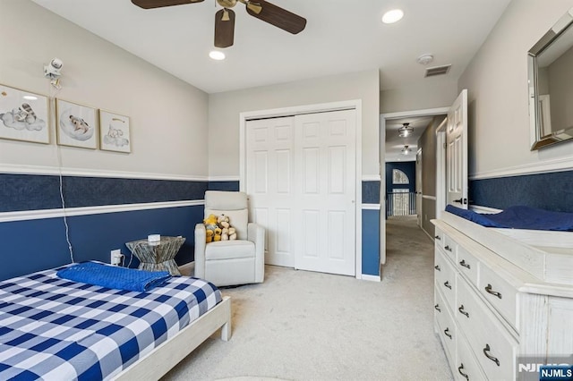 bedroom featuring a closet, visible vents, light carpet, ceiling fan, and recessed lighting