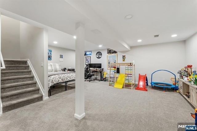 recreation room with carpet floors, recessed lighting, baseboards, and visible vents