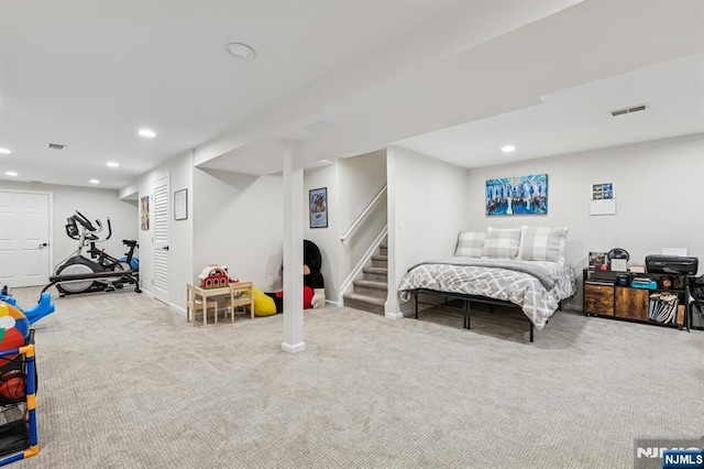 carpeted bedroom with recessed lighting, baseboards, and visible vents