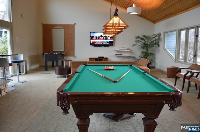 game room with billiards, carpet, high vaulted ceiling, and wooden ceiling