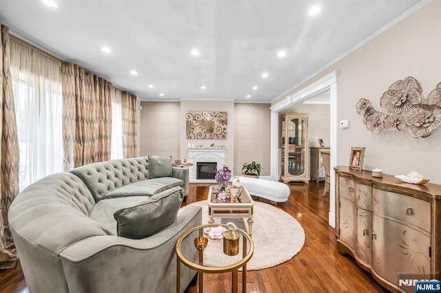 living area featuring recessed lighting, ornamental molding, wood finished floors, and a fireplace