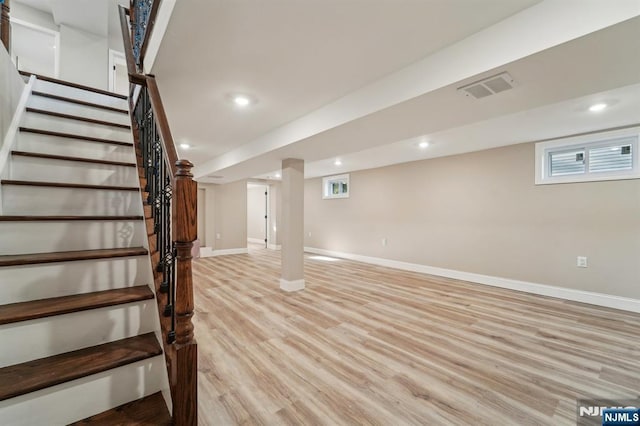 119 Lenox Ave, New Milford, NJ 07646 - below grade area featuring recessed lighting, baseboards, light wood-type flooring, visible vents, and stairway