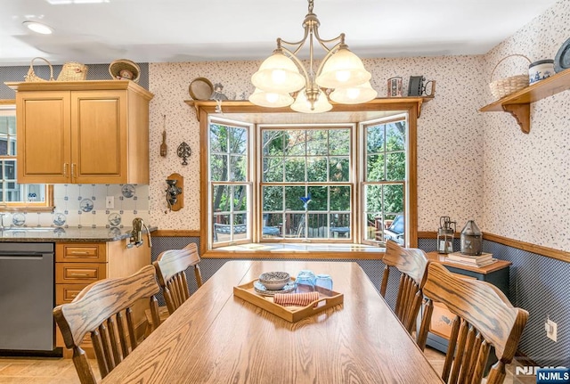dining area with wallpapered walls, an inviting chandelier, and wainscoting