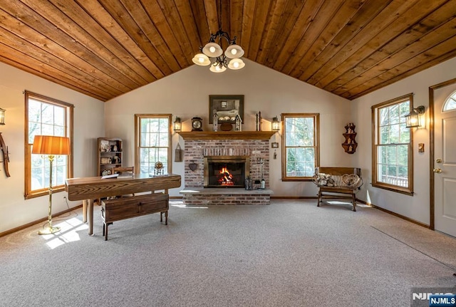 living room featuring a brick fireplace, baseboards, wood ceiling, and carpet